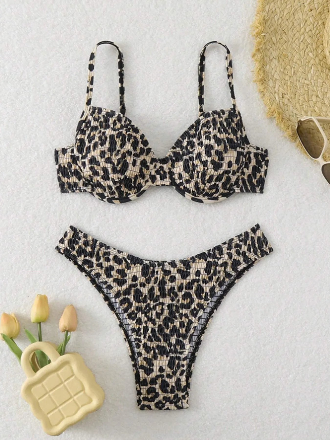 Leopard point bikini swimsuit for women with backless design in brown mixed colour
