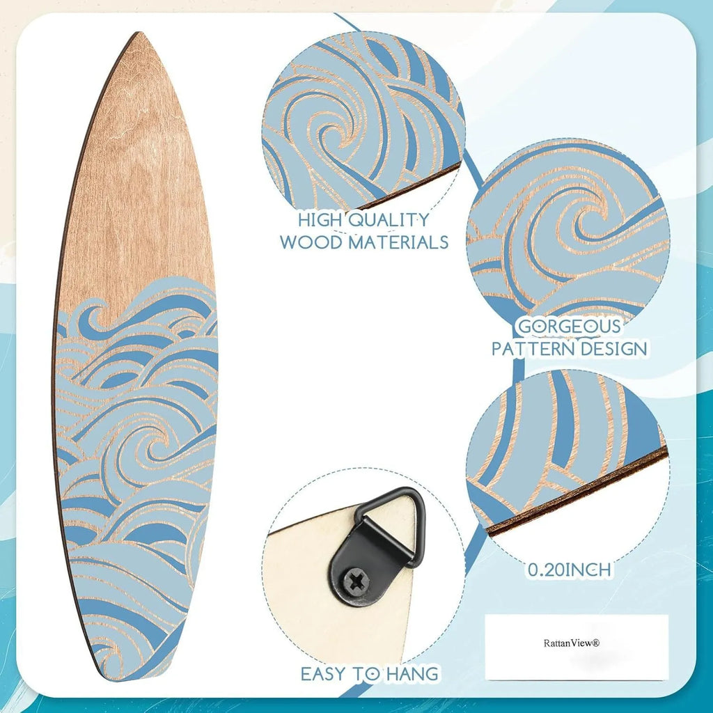 Three wooden surfboard wall decorations in natural boxwood finish, each measuring 8.5cm by 30cm