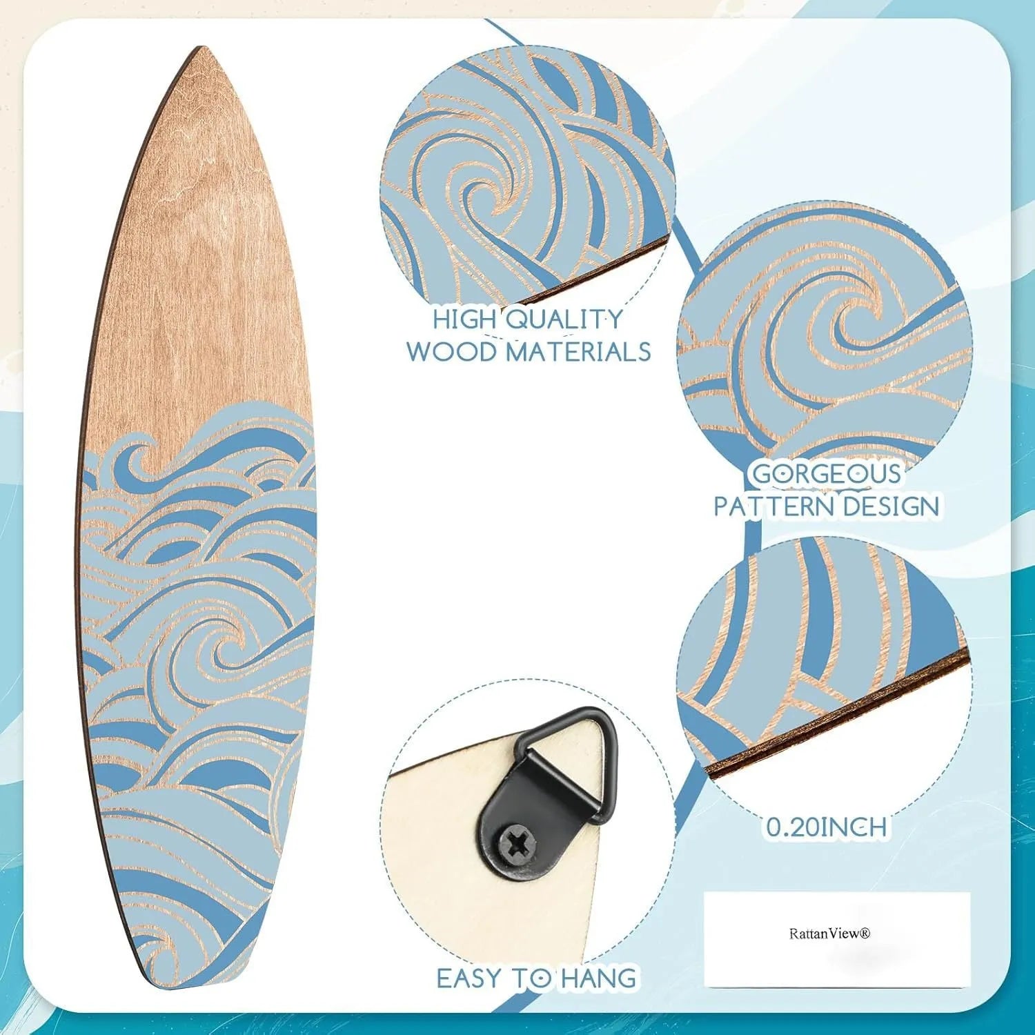 Three wooden surfboard wall decorations in natural boxwood finish, each measuring 8.5cm by 30cm