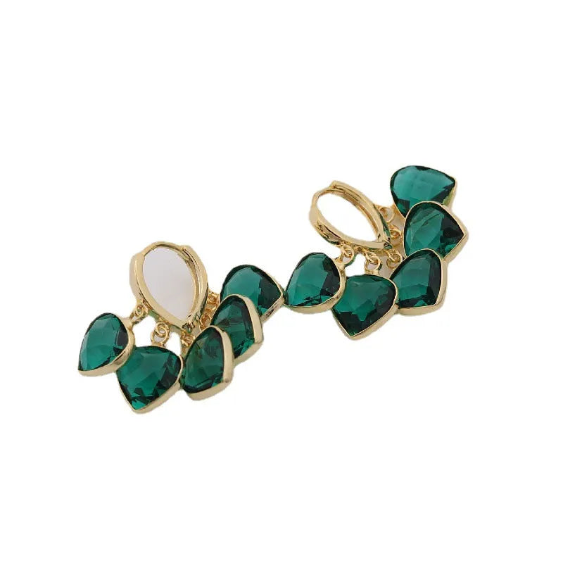 Green glass heart pendant ear clip earrings in Korean style with copper alloy construction