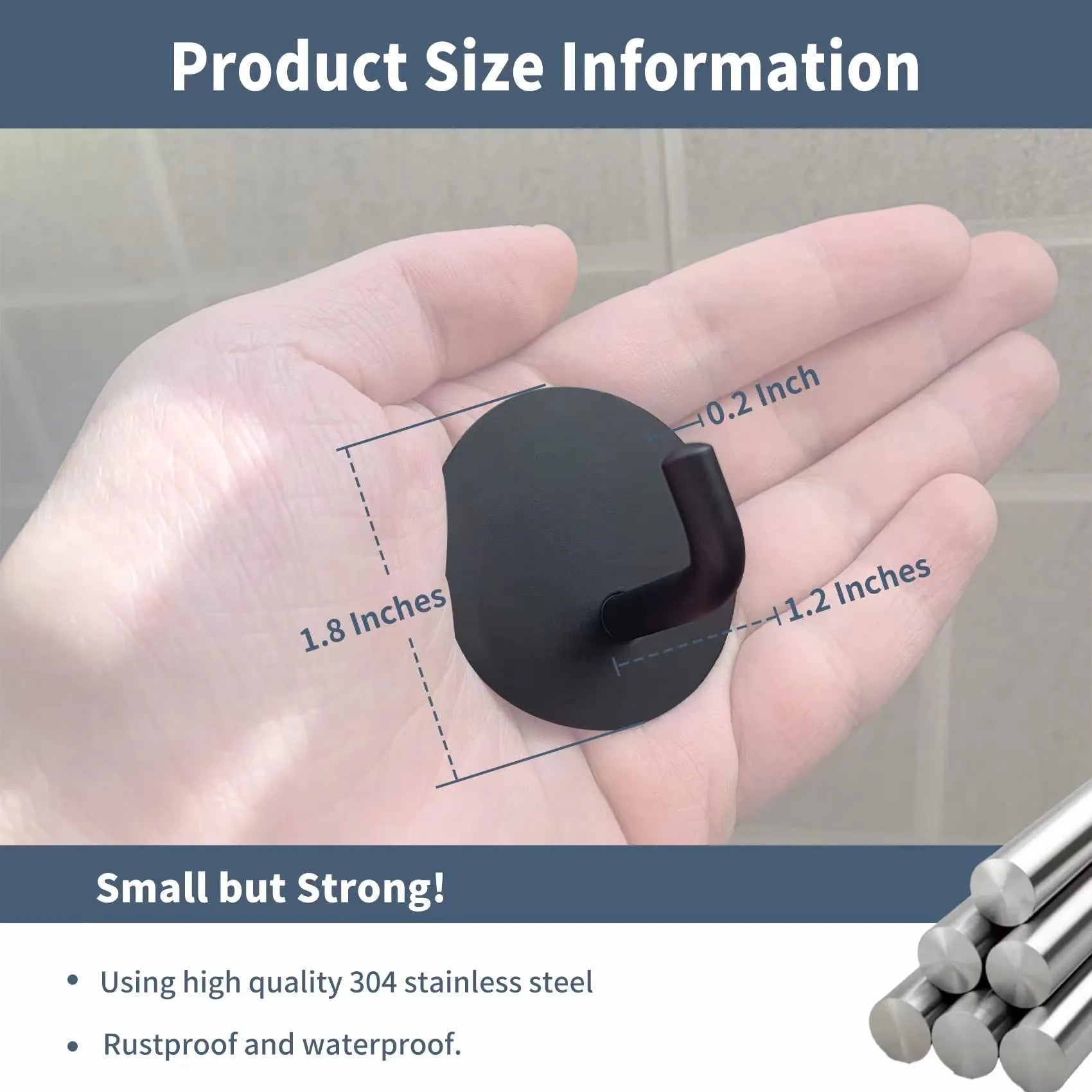 Stainless steel self-adhesive single hook for wall mounting in black and sanded finishes.