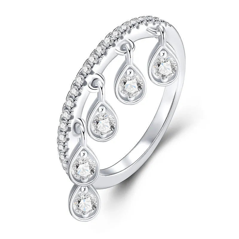 Silver moissanite tassel ring with crown shape, round element, US sizes 5 to 9