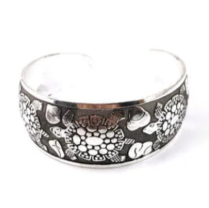 Miao silver openwork carved bracelet in alloy with Rome shape, ethnic design with turtle colour finish
