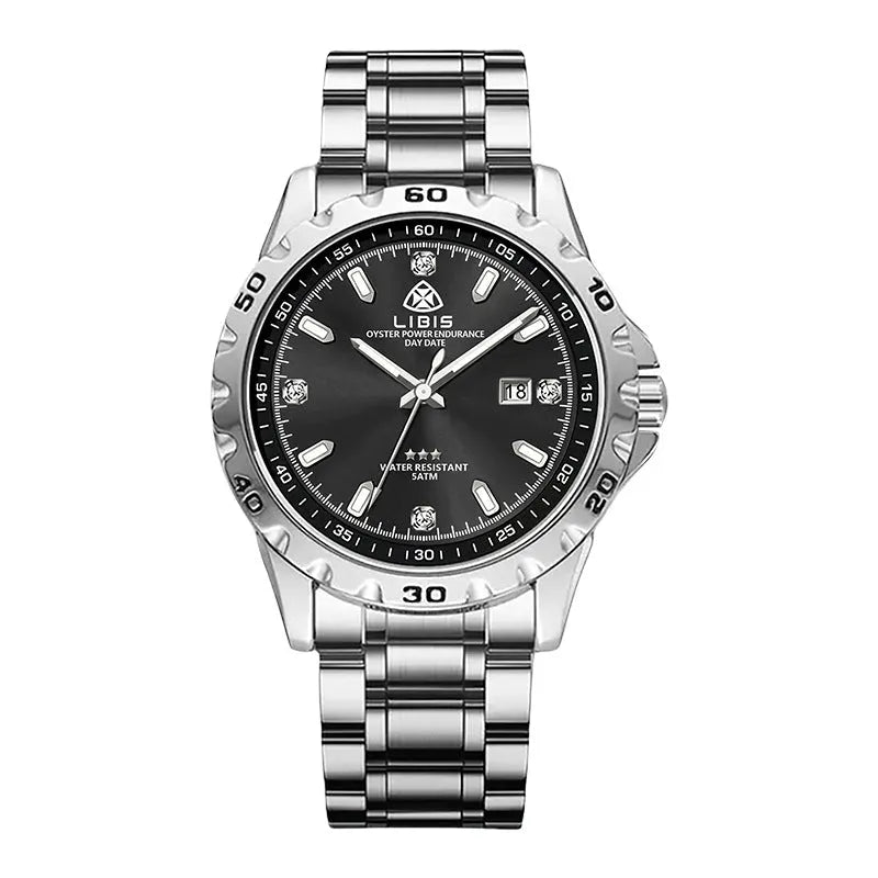 Men's silver stainless steel business watch with luminous hands and black dial