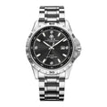 Men's silver stainless steel business watch with luminous hands and black dial