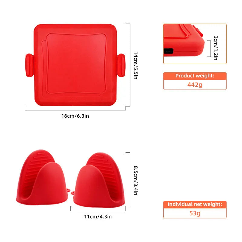 Red silicone baking tray set with matching gloves and hand clamp for oven baking