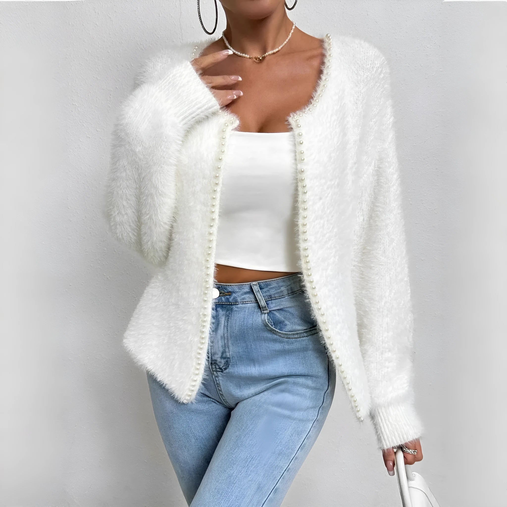 Women's white V-neck cardigan with medium thickness polyester knit fabric