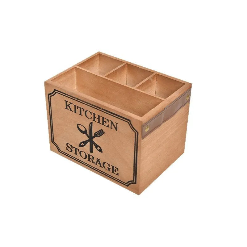Wooden kitchen storage box for knives forks chopsticks with internal divider grid