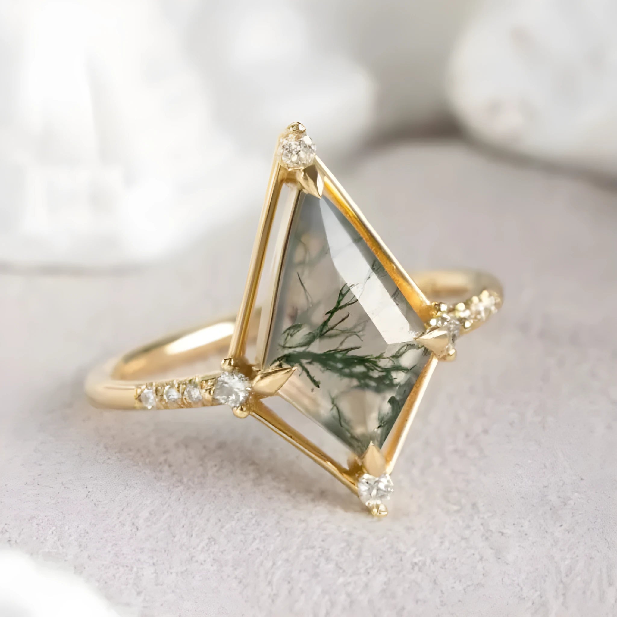 French Entry Lux vintage water plants agate ring quadrilateral silver and gold plating women ring Meidu size