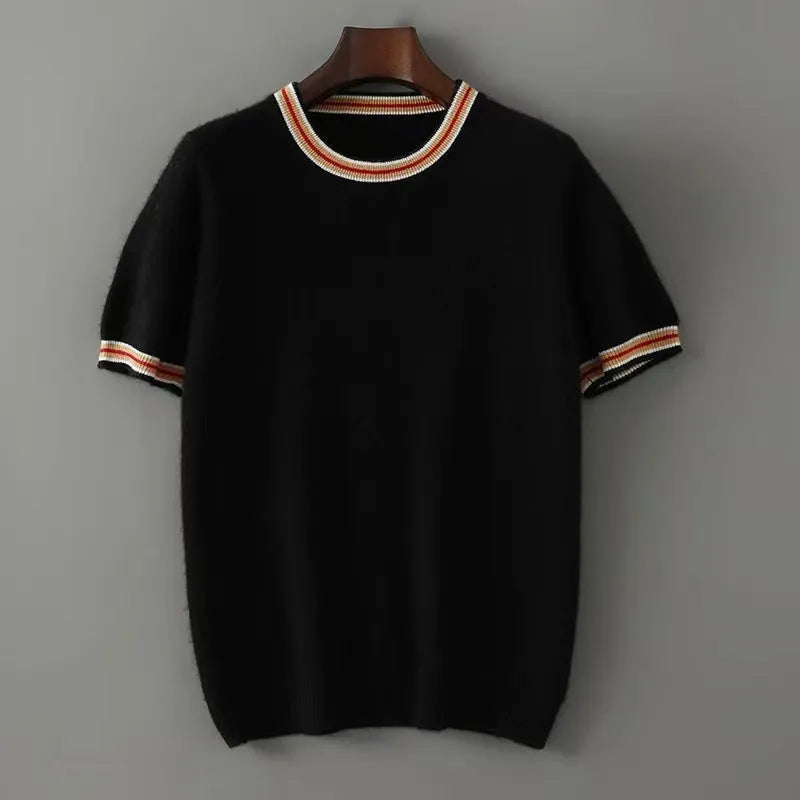 Men's short sleeve round neck pure wool sweater in black, grey, or white.