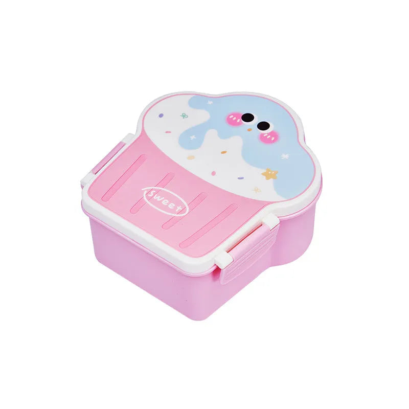 Blue and pink creative ice cream shaped plastic lunch box with spoon and fork set on a table.
