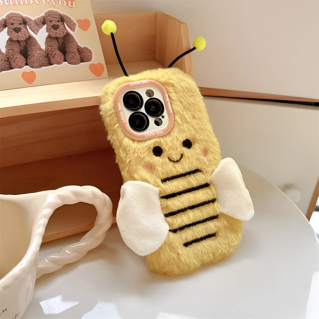 Plush cartoon bee lens bracket phone case in Little Bee colour for iPhone showing furry texture and stand