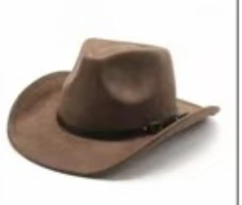 Brown leather velvet curved edge Western cowboy hat with a conical crown on a wooden surface.