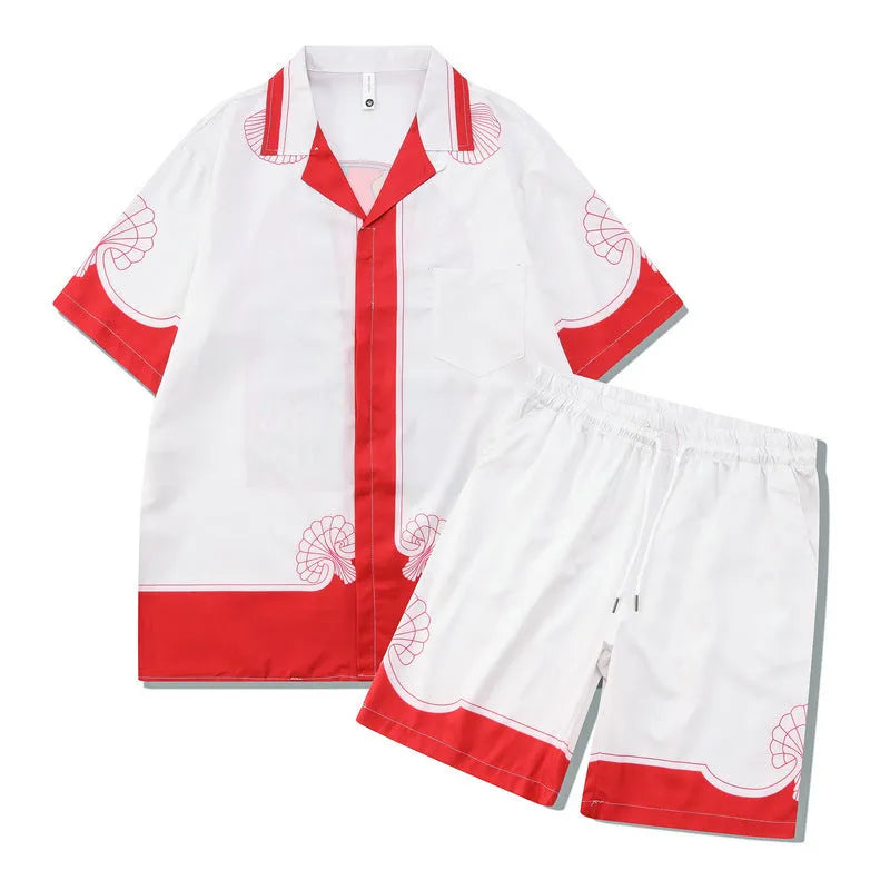 Men's beach outfit set with plaid print short sleeve shirt and matching pants