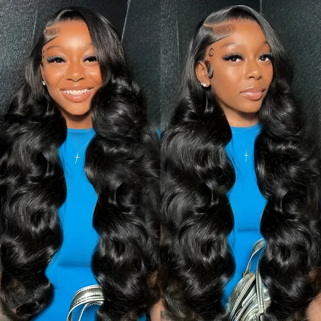 Black synthetic ladies wig with big wave texture on a stand, showing lace front.