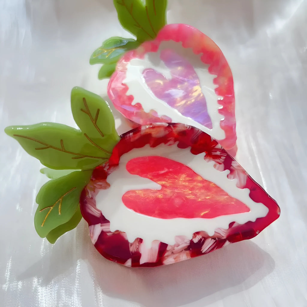 Handmade strawberry charm hairpin in pastoral style, shown in red and pink colour options.