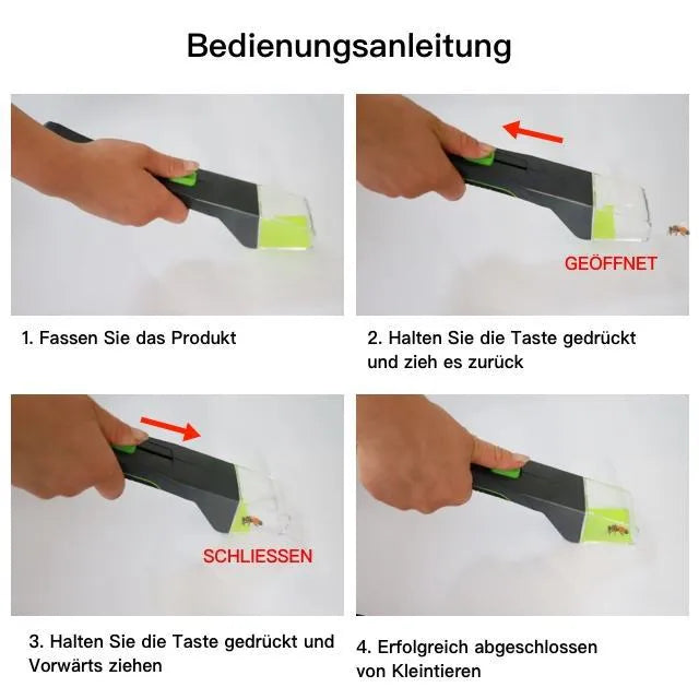 Green handheld plastic insect catcher with soft grip handle for garden pest control
