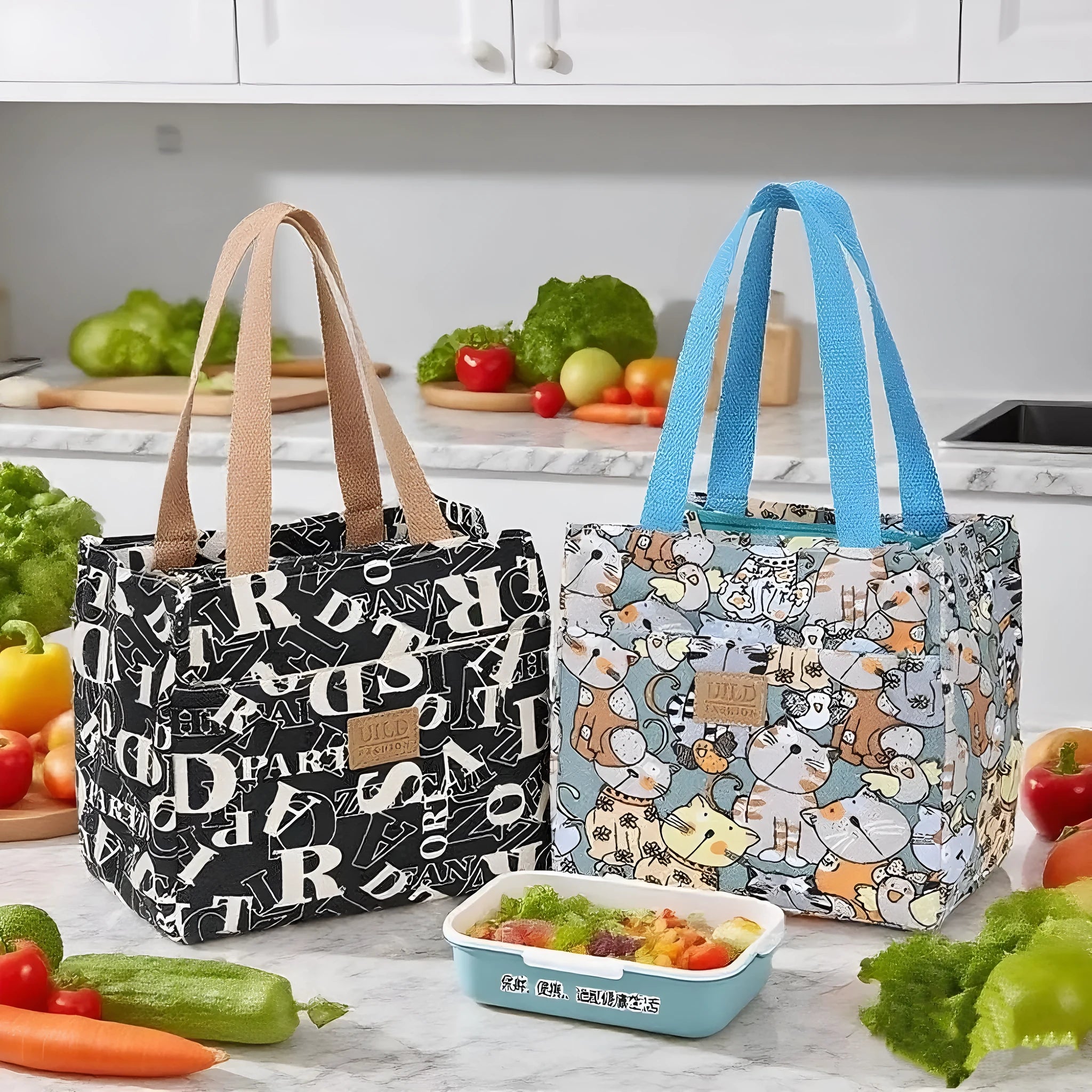 Women's square canvas handbag with floral and animal prints, showing aluminium hardware.