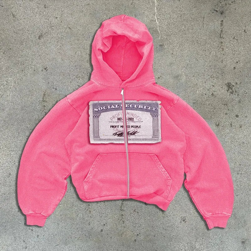 Unisex black zip-up hoodie with letter print design and zippered pockets