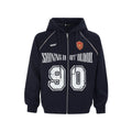 Women's red American retro-style loose hooded jacket with white letter embroidery on the front.