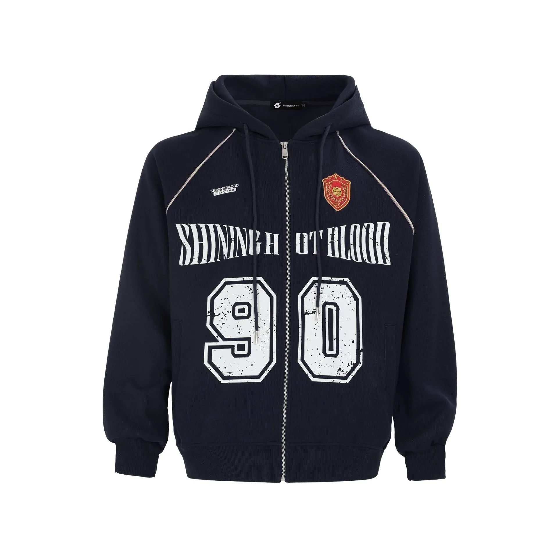 Women's red American retro-style loose hooded jacket with white letter embroidery on the front.