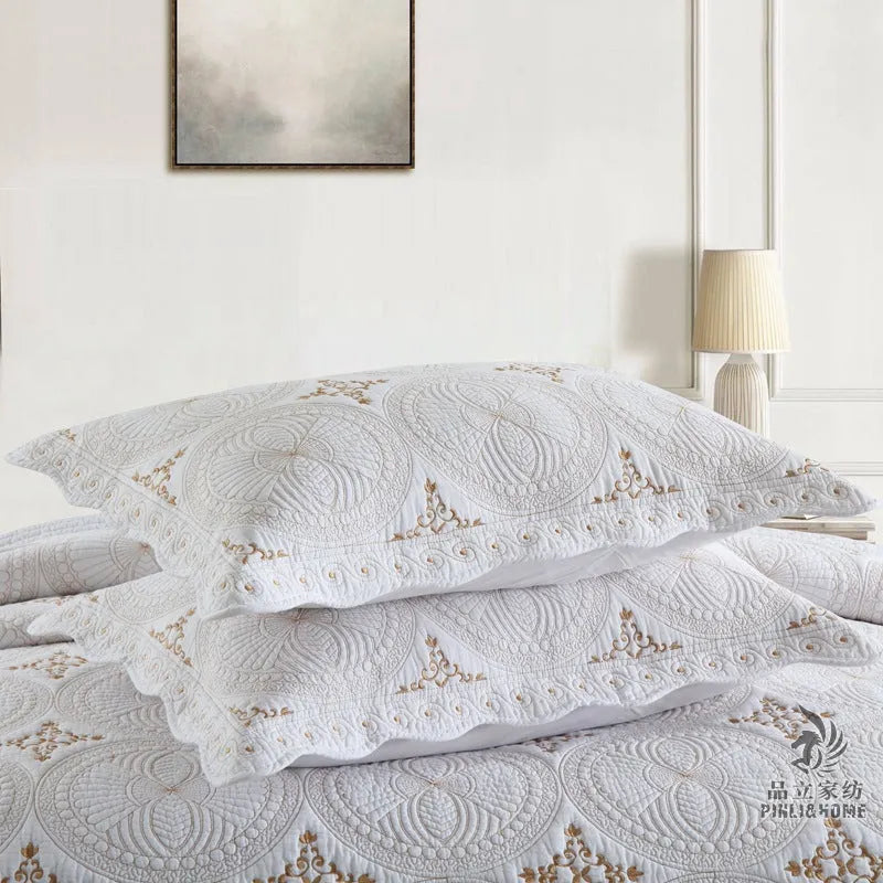 Double-thick pure cotton embroidered bedspread set with pillowcases for a 1.8 metre bed.