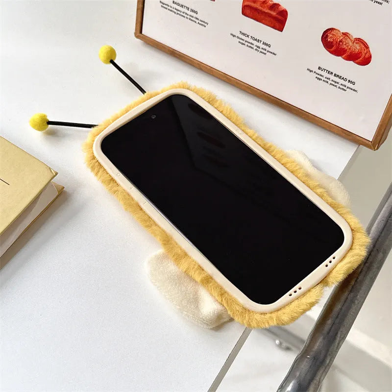 Plush cartoon bee lens bracket phone case in Little Bee colour for iPhone showing furry texture and stand