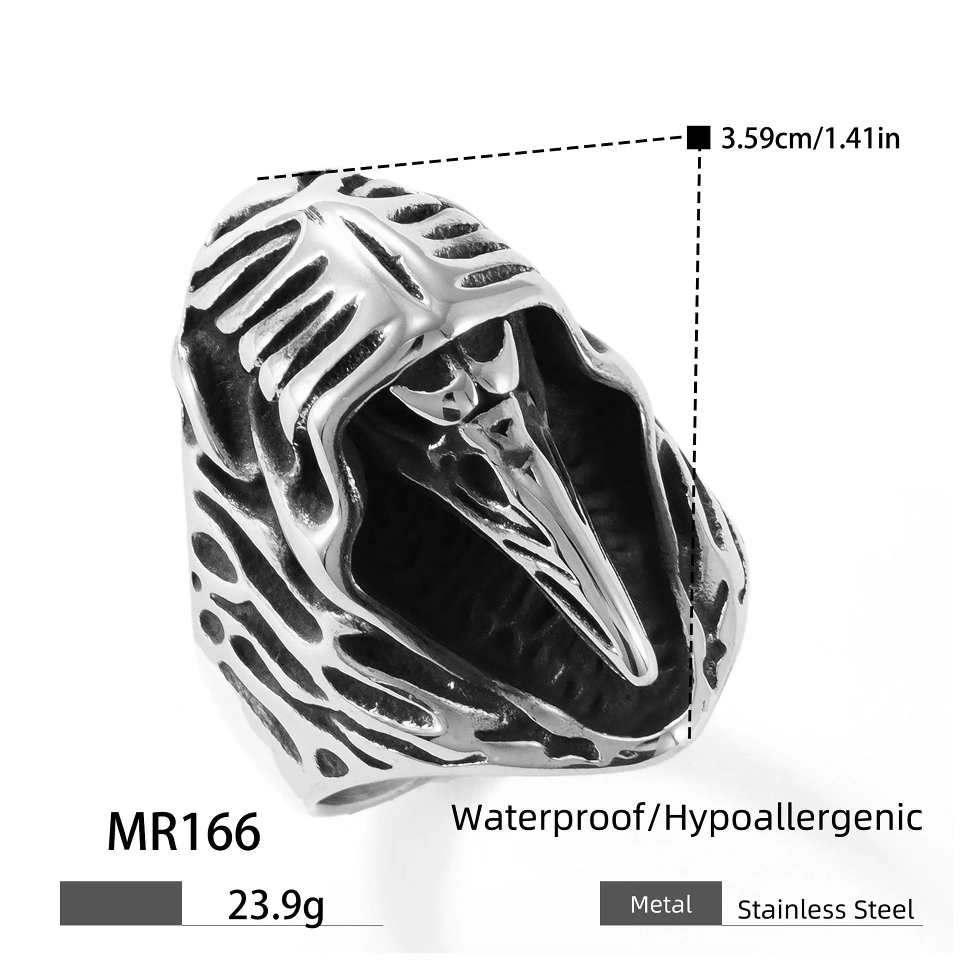 Stainless steel crow skull ring with geometric animal motif in MR166 colour