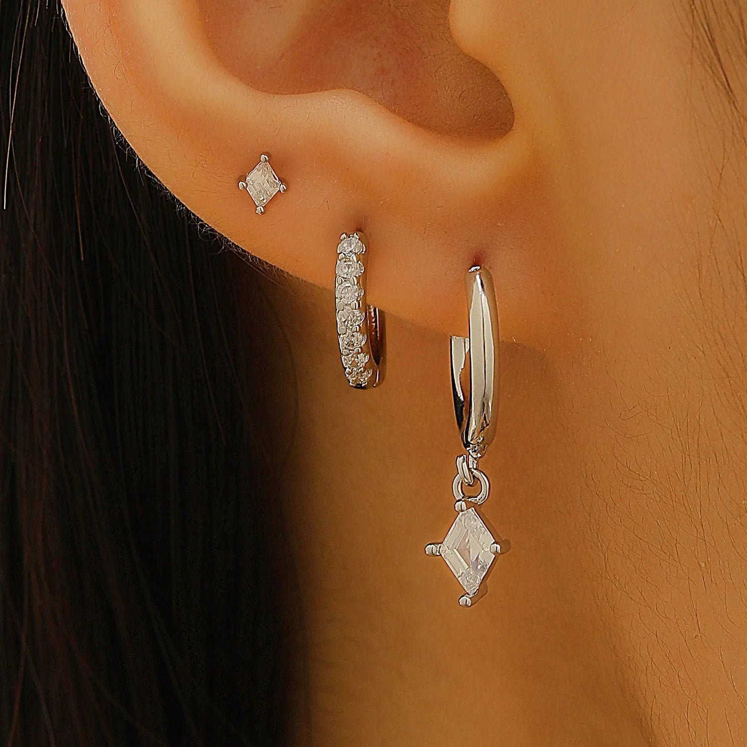 Ladies copper earring three-piece set with geometric zircon designs in gold or silver colour