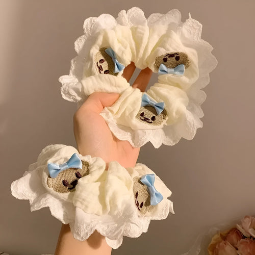 Blue cloth hair ring with bear decoration and bow, elastic large intestine style headband
