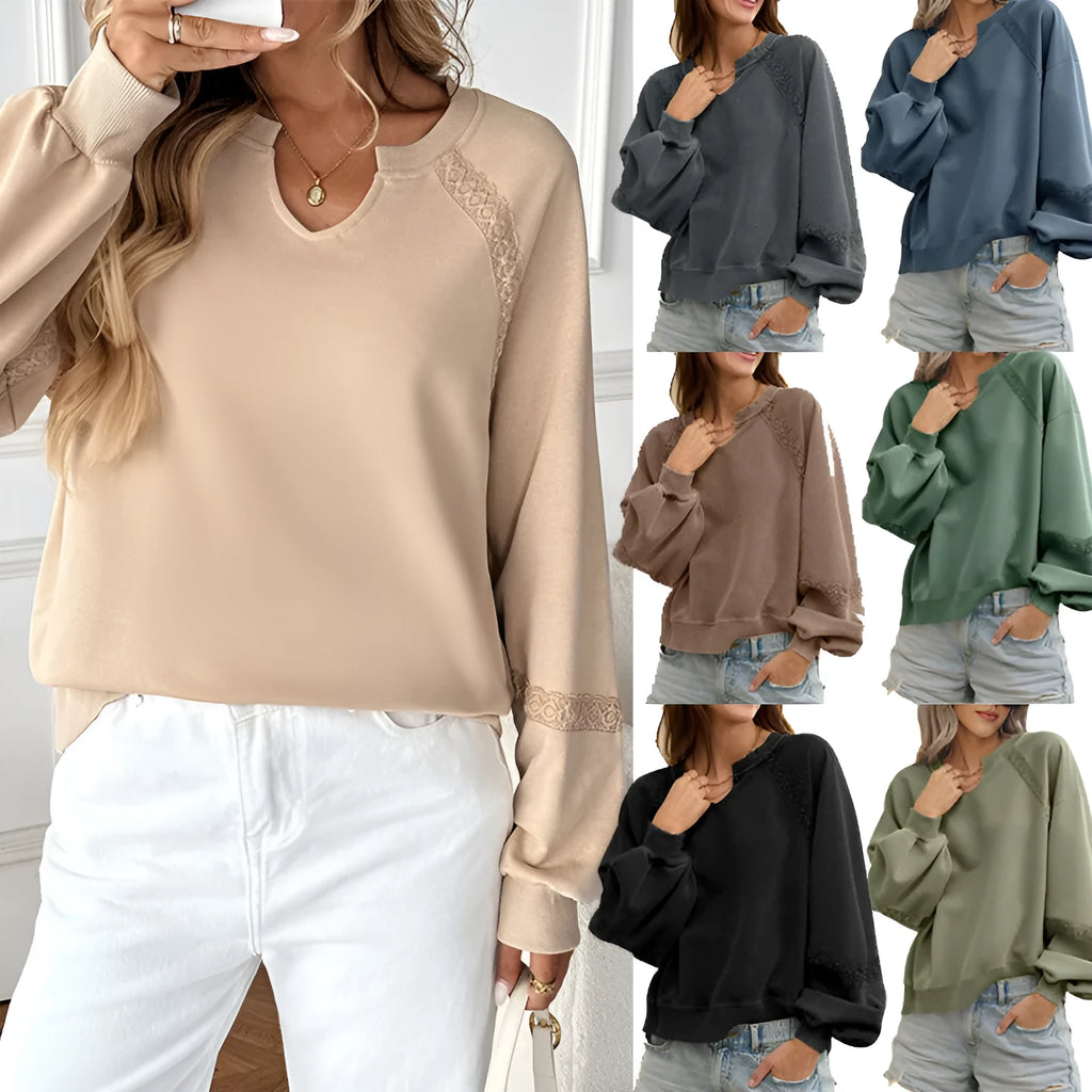 Women's loose fit cotton polyester sweater with half-open collar and decorative lace stitching on long sleeves