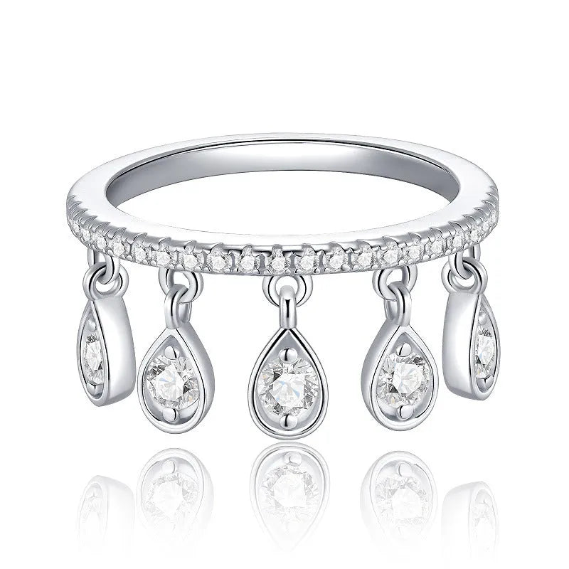 Silver moissanite tassel ring with crown shape, round element, US sizes 5 to 9