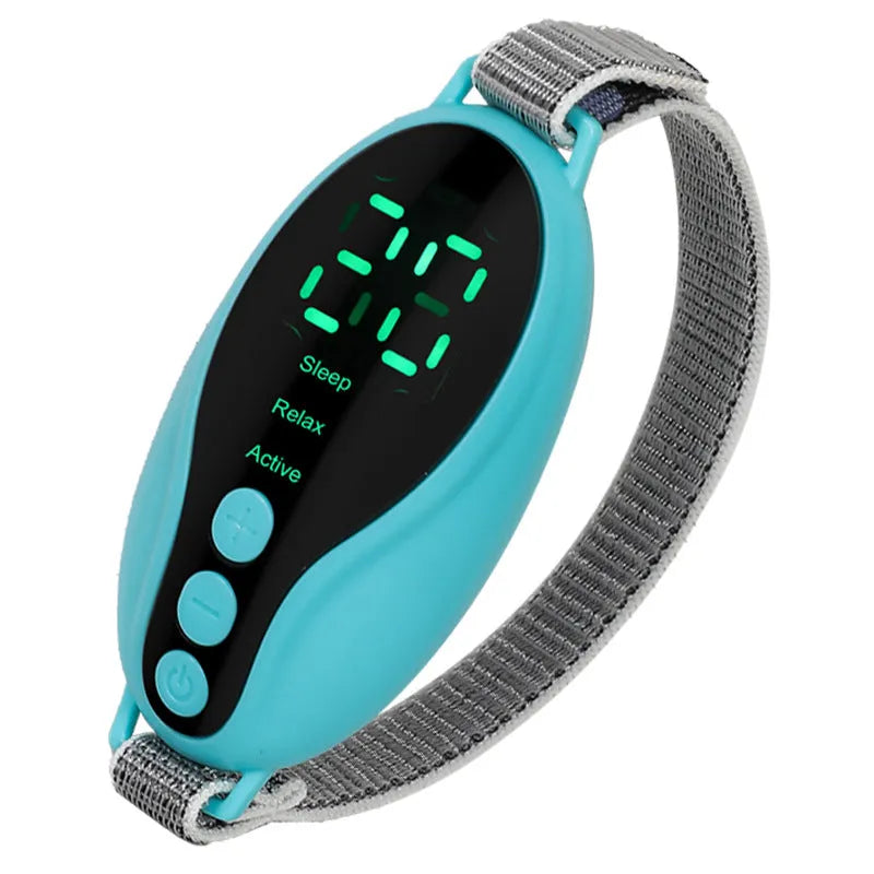 White and blue intelligent sleeping aid instrument showing compact 80x40x20mm dimensions with USB charging port
