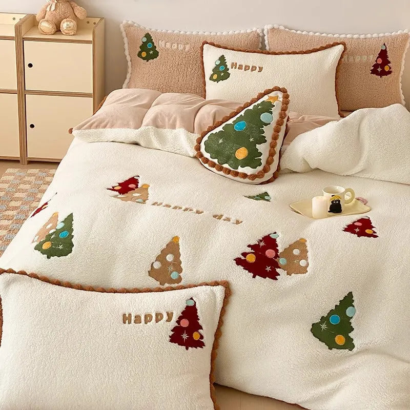 Bright yellow fleece-lined bedding set with winter Christmas cartoon animation pattern