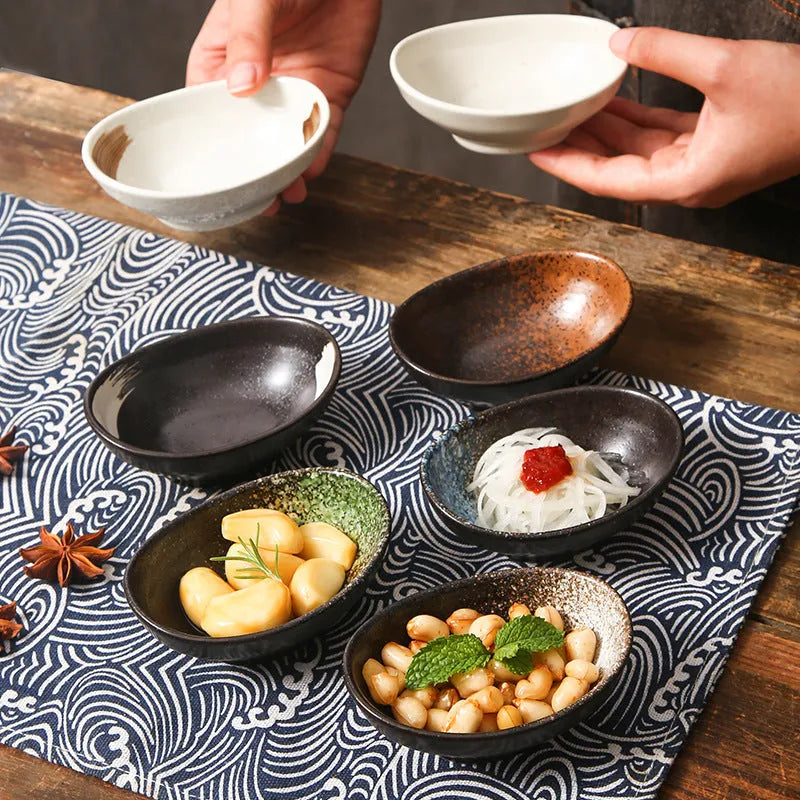 Oval Japanese ceramic sauce dipping bowl with traditional Edo pattern design