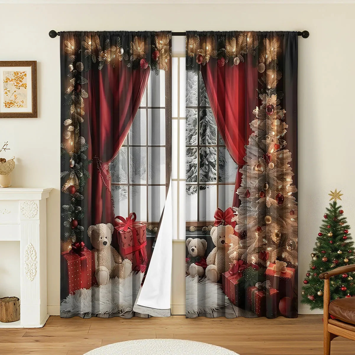Pair of red and green 3D digitally printed Christmas curtains with festive patterns hanging on a window.