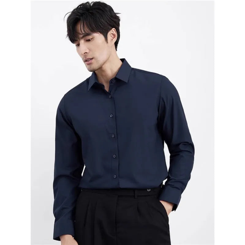 Men's wine red slim fit business casual shirt with non-iron polyester fabric on hanger