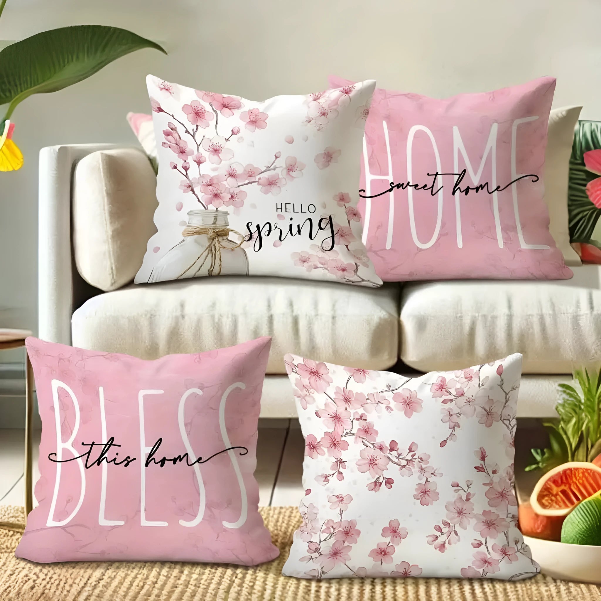 Short velvet cushion cover with spring cherry blossom and letter design, 45x45cm.