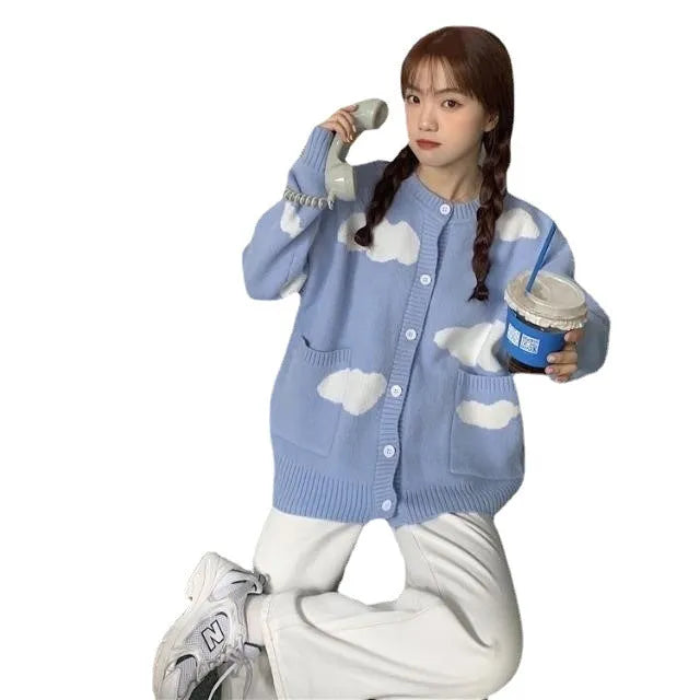 Women's blue cloud pattern spandex cardigan sweater coat with loose fit design