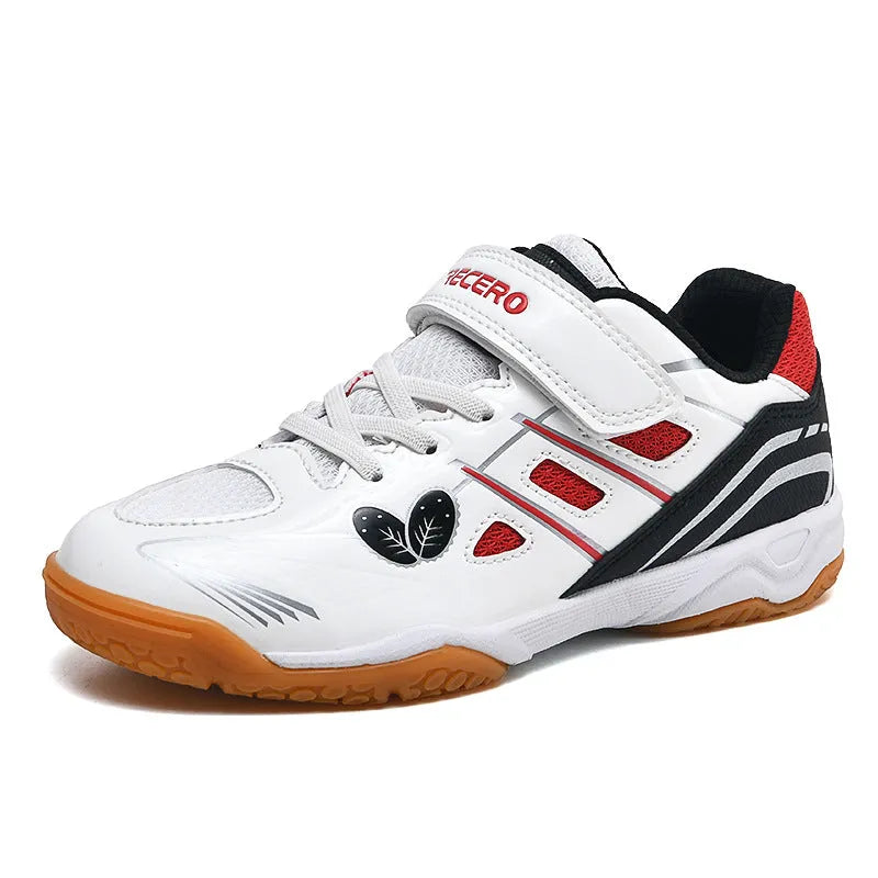 White and blue low-top PVC badminton shoes with round toe and ribbed sole.