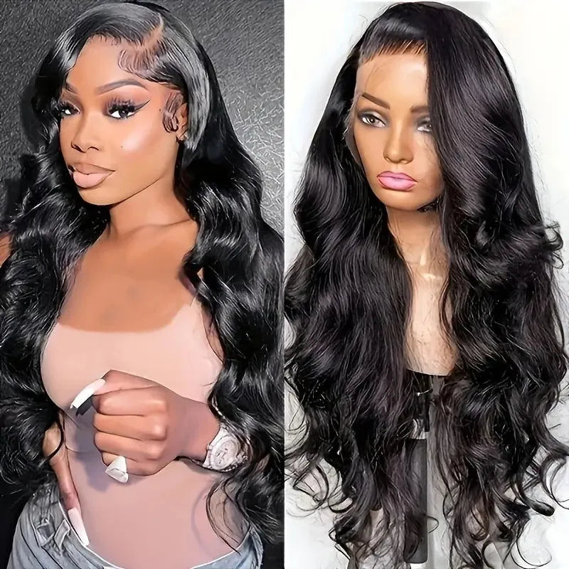 Black synthetic ladies wig with big wave texture on a stand, showing lace front.