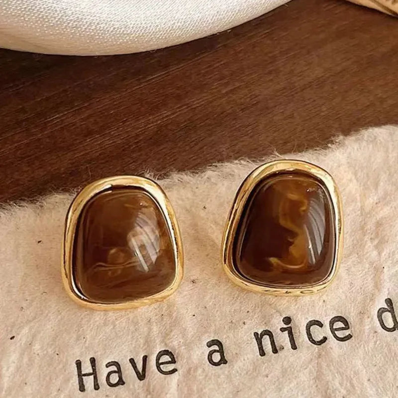 French style geometric pearl earrings with retro quadrilateral metal design in brown, coffee or white