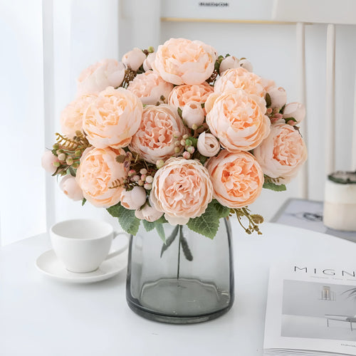 Silk artificial peony bouquet in champagne colour for wedding or home decoration.