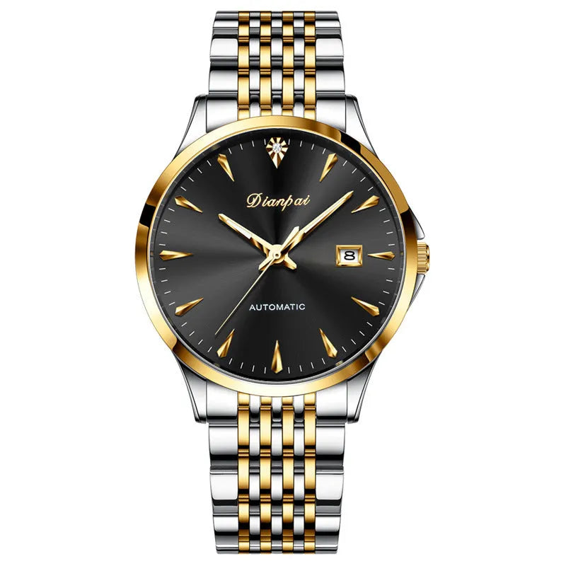 Men's simple dial automatic mechanical watch with stainless steel bracelet on a wrist.