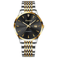 Men's simple dial automatic mechanical watch with stainless steel bracelet on a wrist.