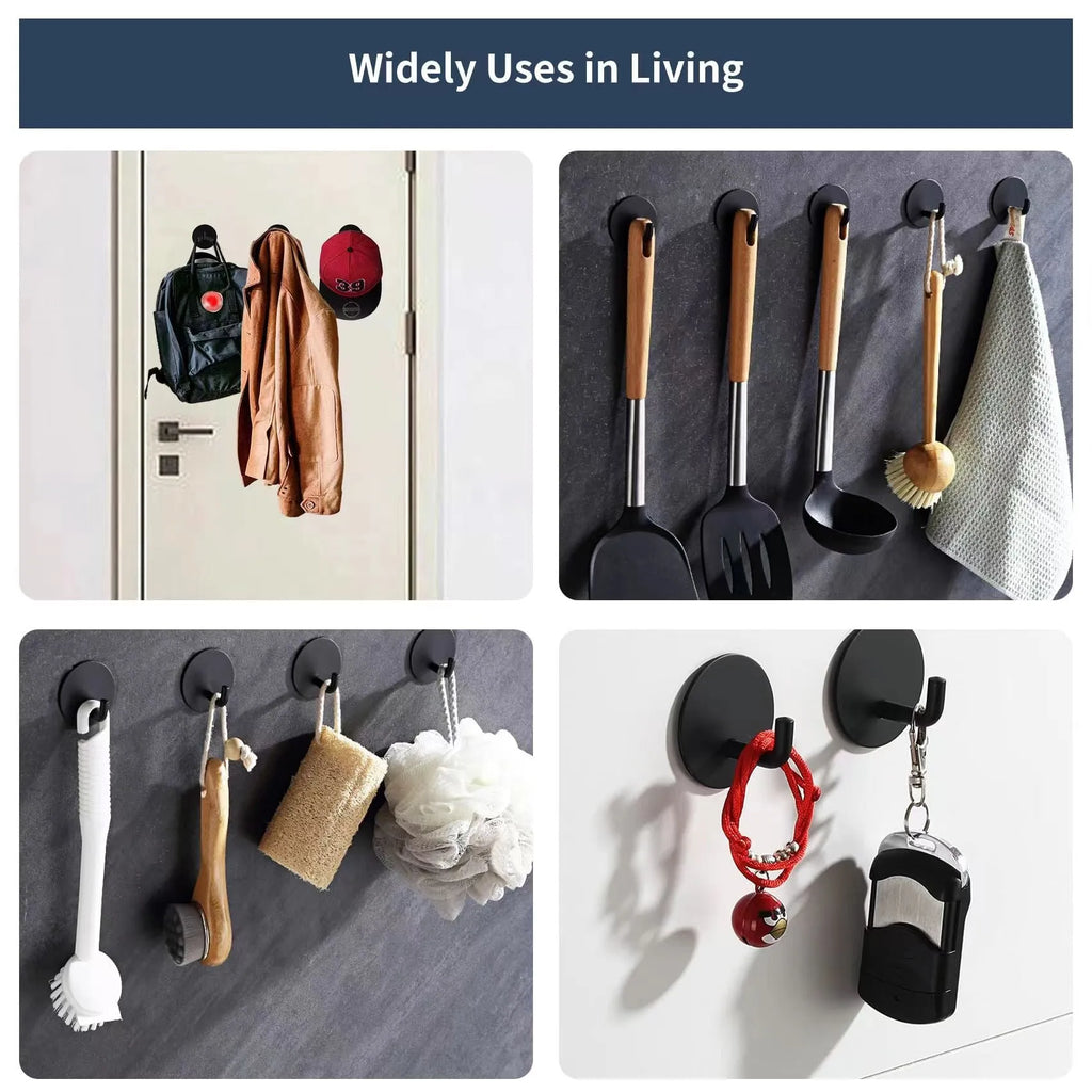 Stainless steel self-adhesive single hook for wall mounting in black and sanded finishes.