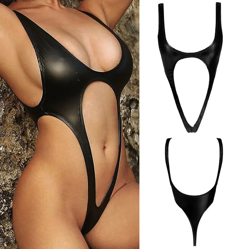 Women's black sleeveless one-piece swimsuit with shorts and high waist, polyester, sizes S to XL.