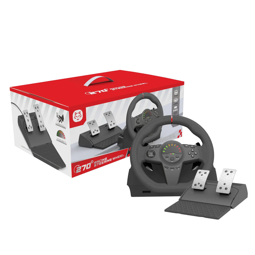 Black multi-platform gaming steering wheel with two pedals and a manual mounting bracket on a desk.