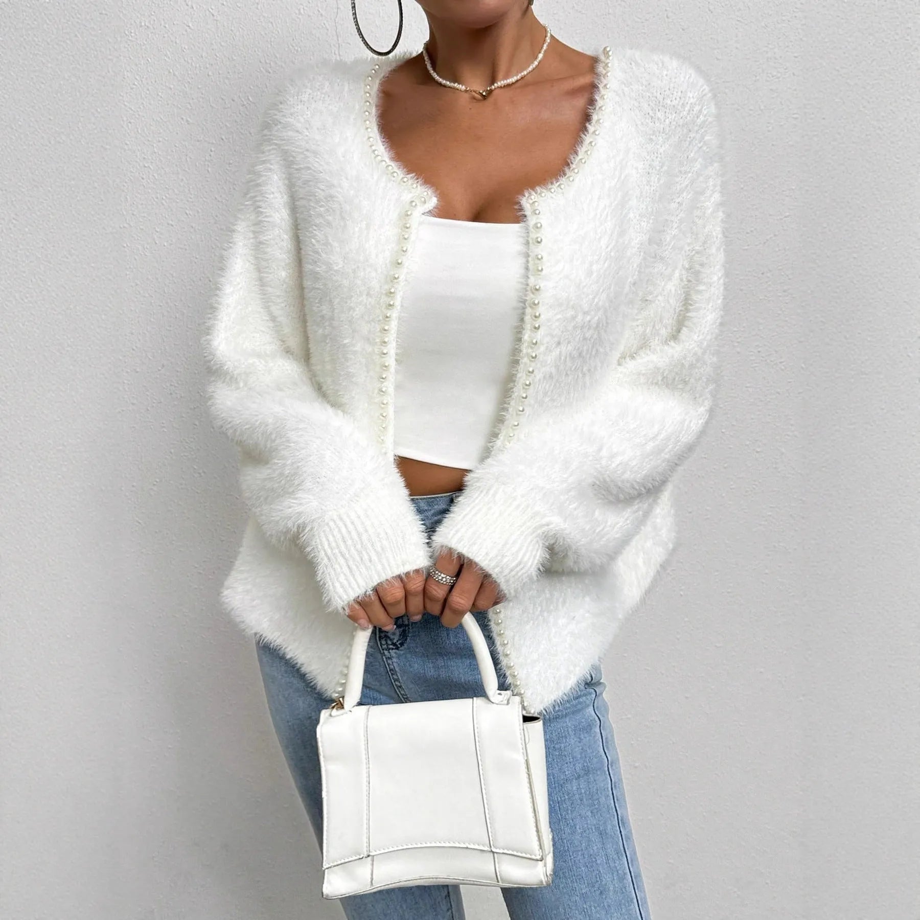 Women's white V-neck cardigan with medium thickness polyester knit fabric