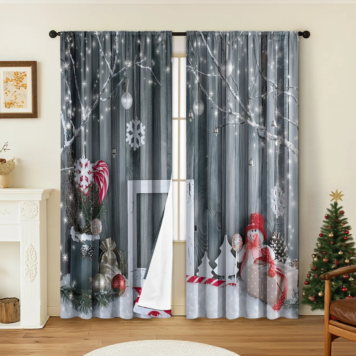 Pair of red and green 3D digitally printed Christmas curtains with festive patterns hanging on a window.